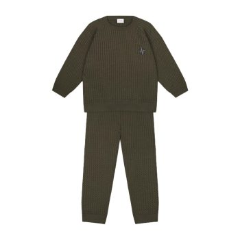 Compass Embroidered Olive Herringbone Sweater and Pants Set