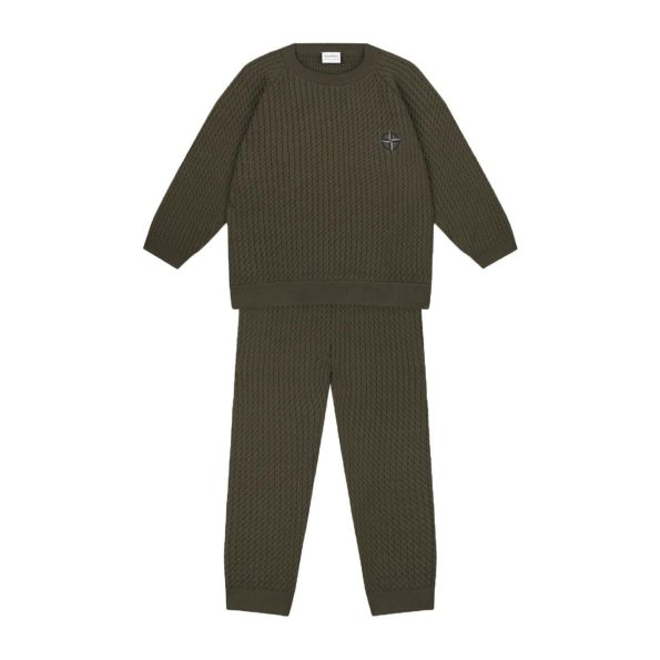 Compass Embroidered Olive Herringbone Sweater and Pants Set