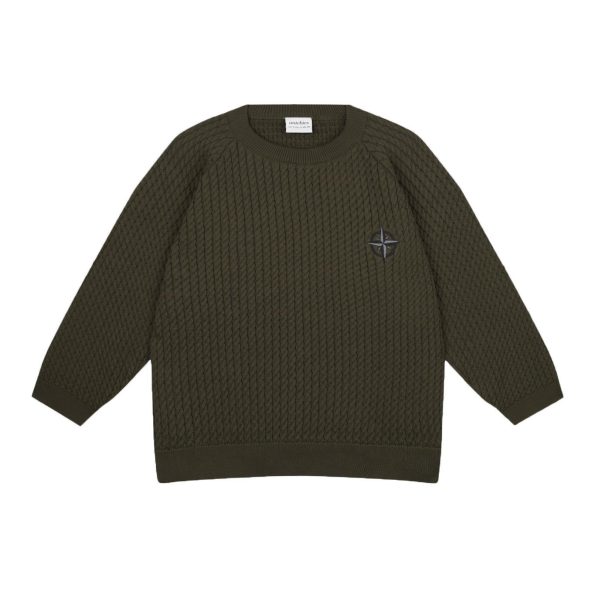 Compass Embroidered Olive Herringbone Sweater and Pants Set