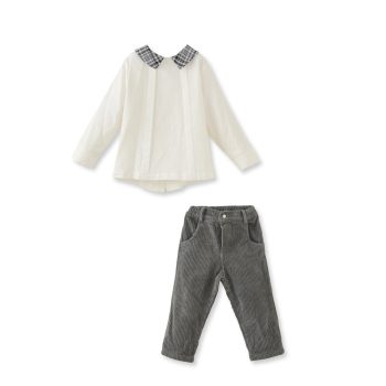 Checked Collar Detail Grey Cotton Two-Piece Set