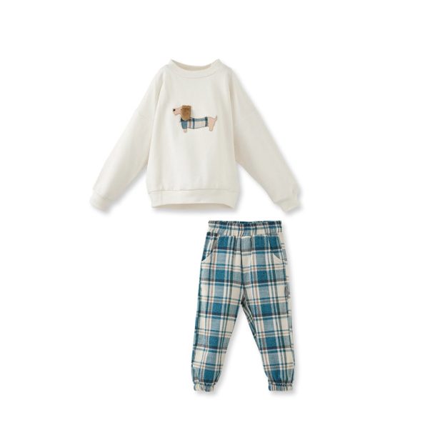 Dog Embroidered Cotton Check Set