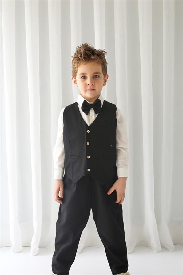 Black Linen Vest with Pants, Shirt, and Bow Tie