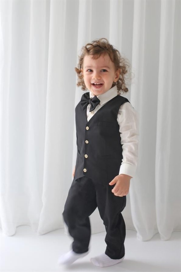 Black Linen Vest with Pants, Shirt, and Bow Tie