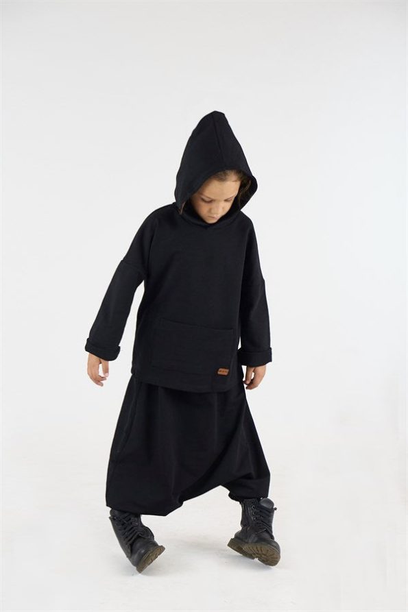 Black Cotton Samurai Set with Hoodie and Ethnic Pattern Beanie