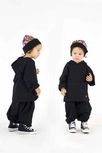 Black Cotton Samurai Set with Hoodie and Ethnic Pattern Beanie