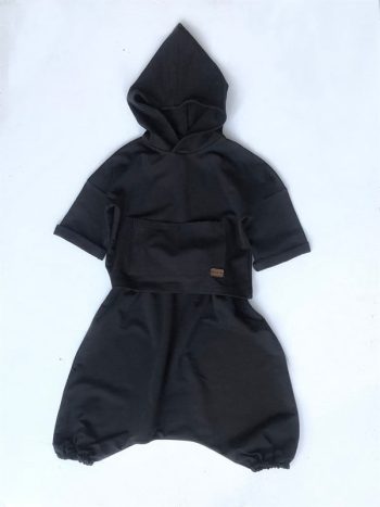 Black Cotton Samurai Set with Hoodie and Ethnic Pattern Beanie
