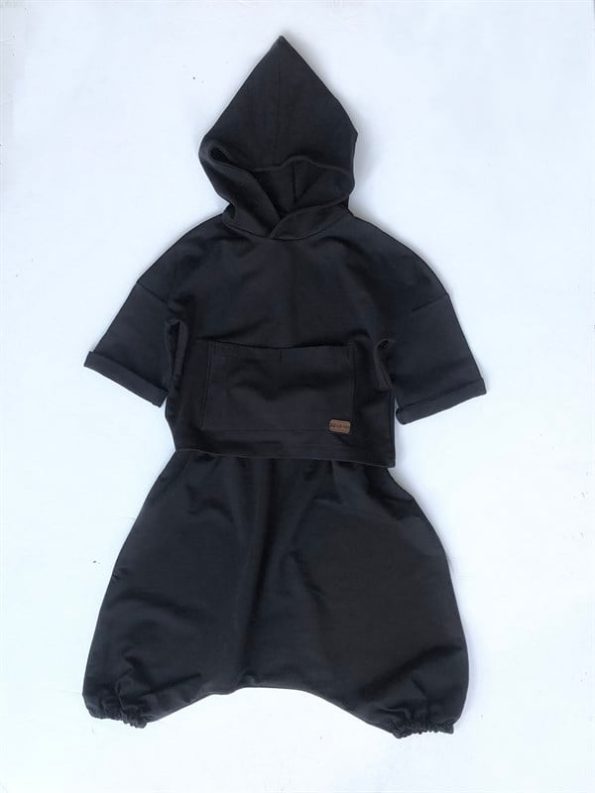 Black Cotton Samurai Set with Hoodie and Ethnic Pattern Beanie