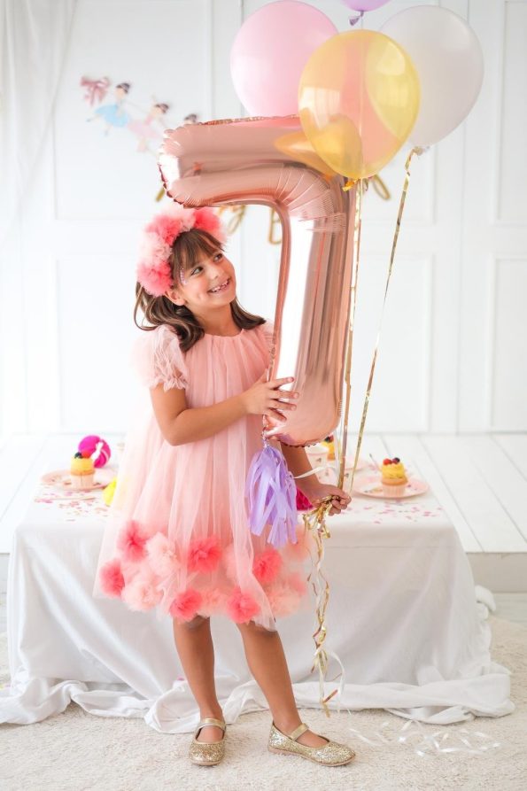 Salmon Short Sleeve Pom Pom Dress for Girls - Lavonne