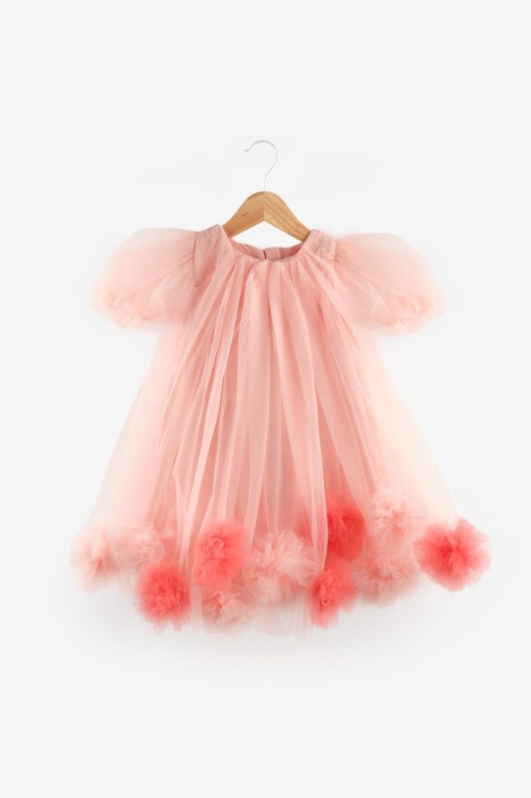 Salmon Short Sleeve Pom Pom Dress for Girls - Lavonne
