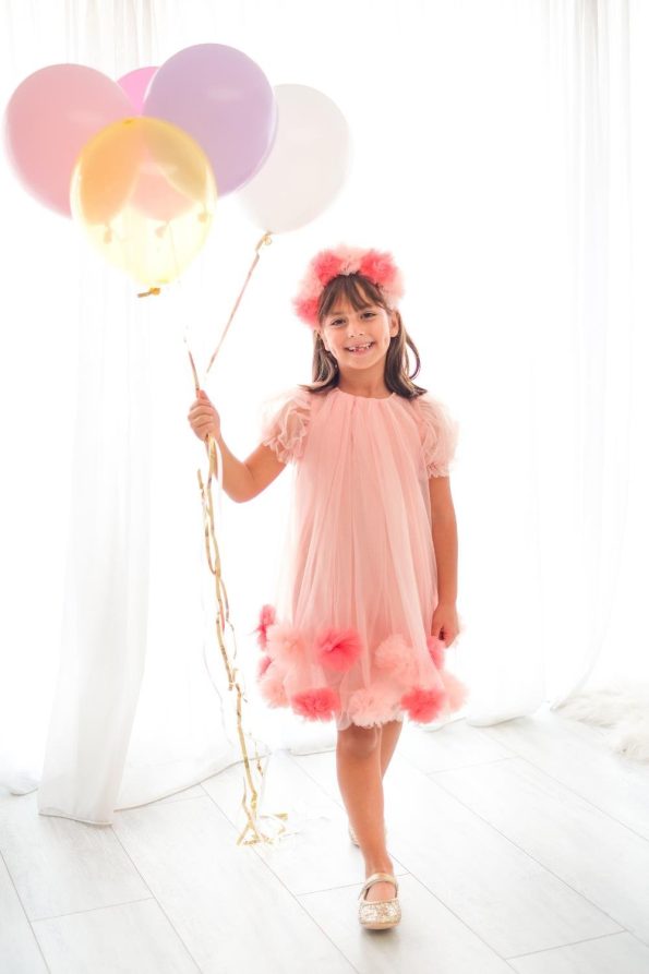 Salmon Short Sleeve Pom Pom Dress for Girls - Lavonne