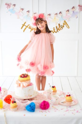 Salmon Short Sleeve Pom Pom Dress for Girls - Lavonne