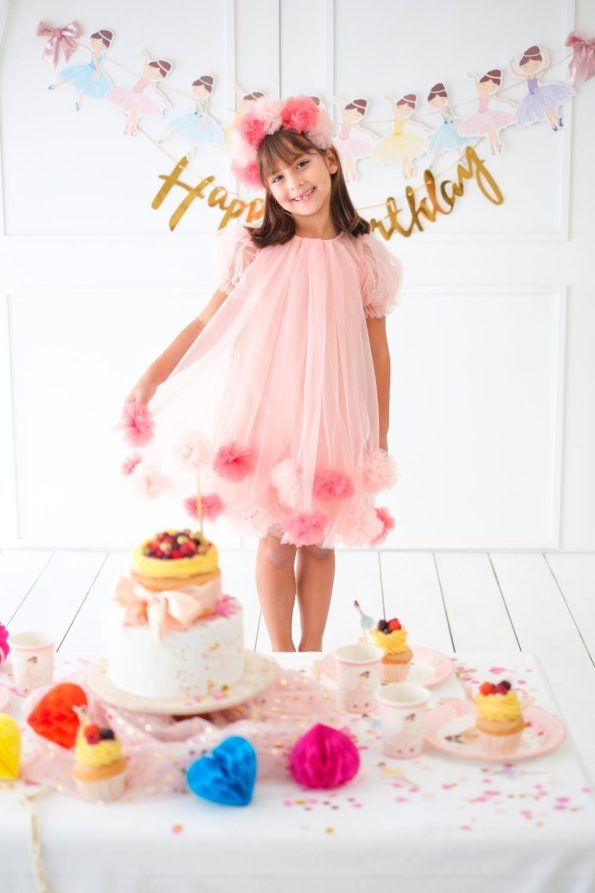Salmon Short Sleeve Pom Pom Dress for Girls - Lavonne