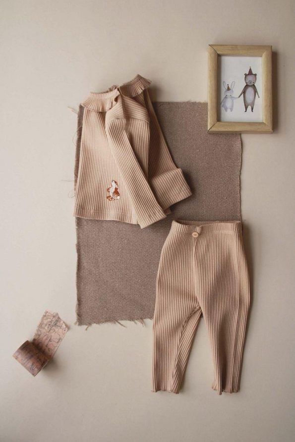 Milk Coffee Rabbit Embroidered Ruffled Girls Set