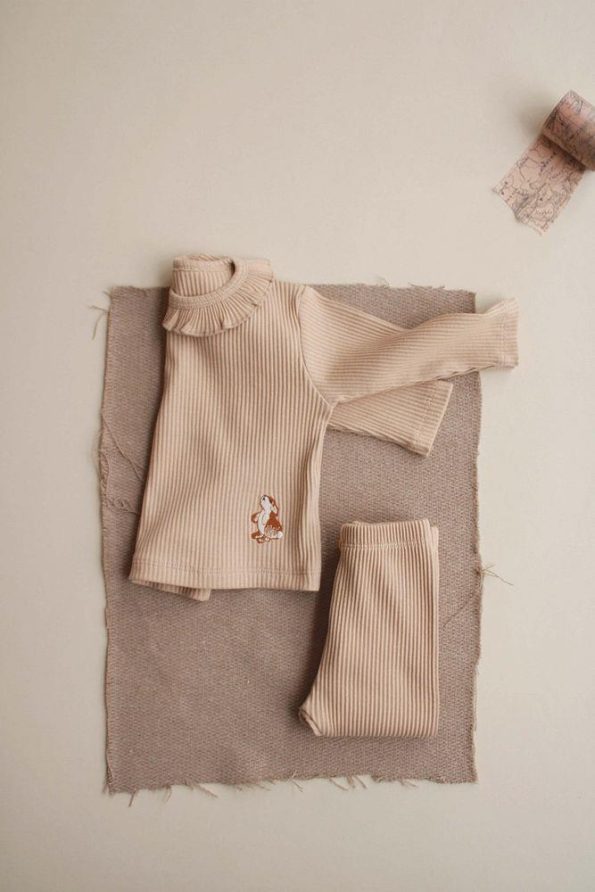 Milk Coffee Rabbit Embroidered Ruffled Girls Set