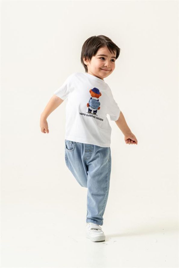 Teddy Print T-Shirt and Denim Pants Set White