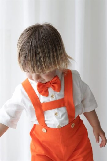 Orange Linen Shorts Romper with Short Sleeve Shirt and Bow Tie