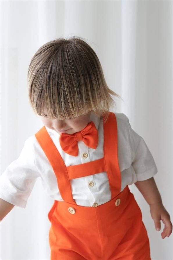 Orange Linen Shorts Romper with Short Sleeve Shirt and Bow Tie
