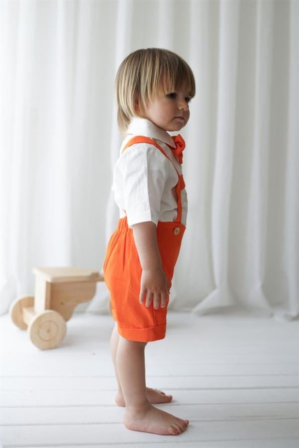 Orange Linen Shorts Romper with Short Sleeve Shirt and Bow Tie