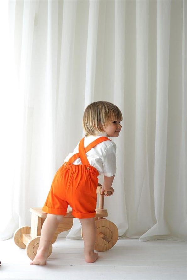Orange Linen Shorts Romper with Short Sleeve Shirt and Bow Tie