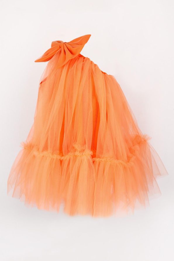 Orange One-Shoulder Bow Dress for Girls