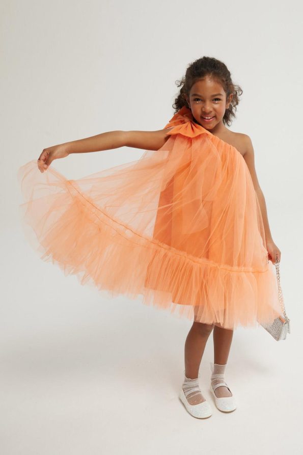 Orange One-Shoulder Bow Dress for Girls