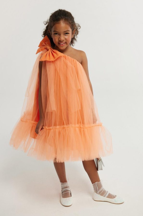 Orange One-Shoulder Bow Dress for Girls