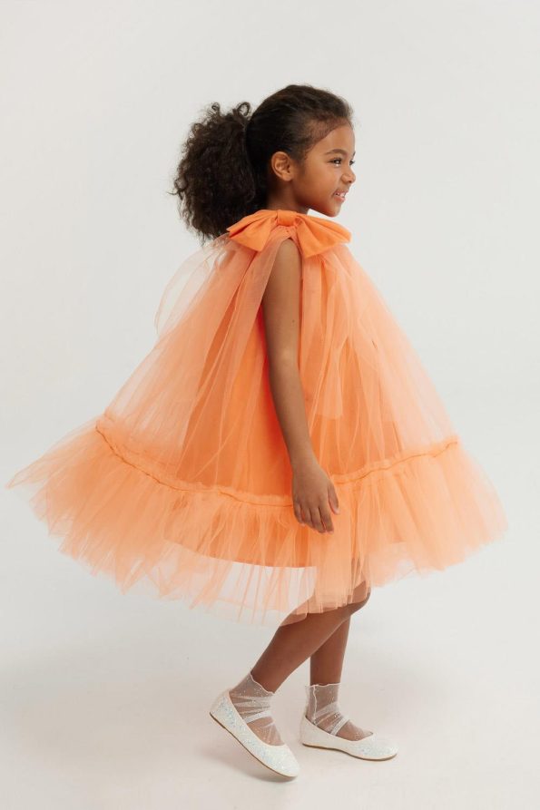 Orange One-Shoulder Bow Dress for Girls