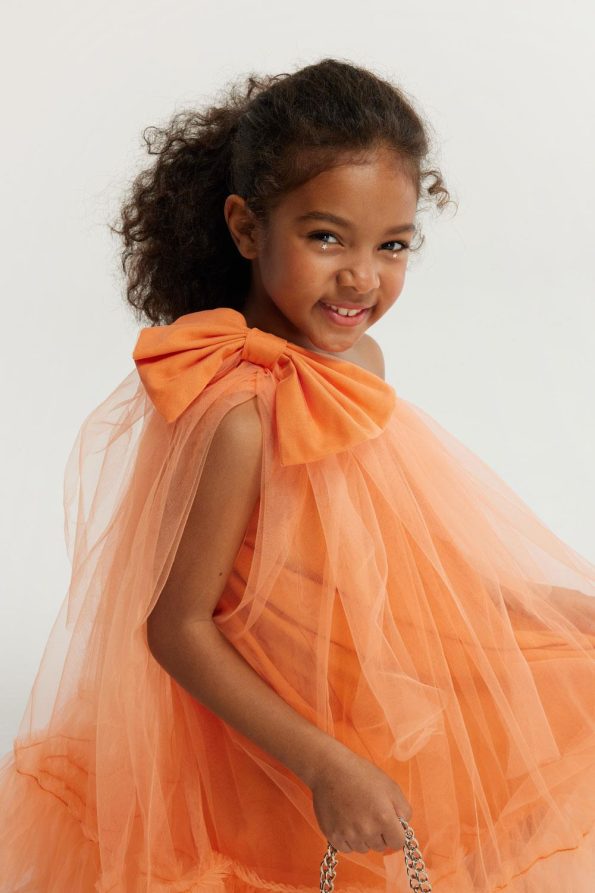 Orange One-Shoulder Bow Dress for Girls
