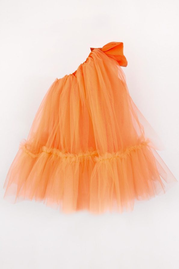 Orange One-Shoulder Bow Dress for Girls