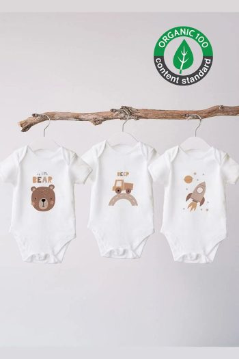 Lilabio 100% Organic Cotton 3-Pack Printed Short Sleeve Baby Body Bear