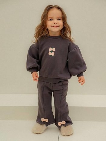 Girls' Cotton Smoked Pink Bow Detailed Tracksuit Set