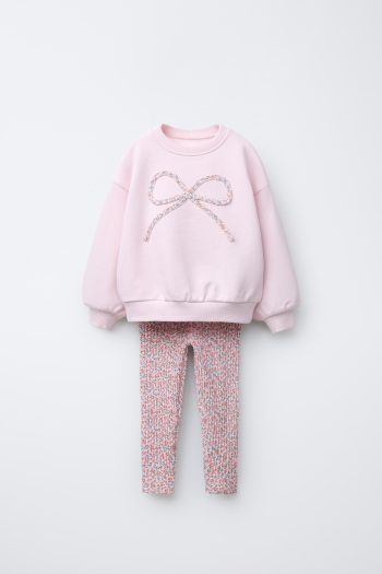 Girl's Cotton Pink Bow Patterned Sweatshirt and Floral Patterned Tights Set