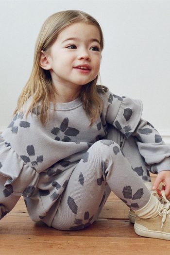 Girl's Cotton Gray Floral Patterned Sweatshirt and Tights Set