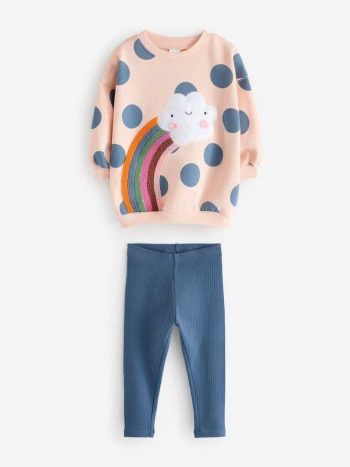 Rainbow Patterned Cotton Sweatshirt Tight Bottom-Top Set Girls