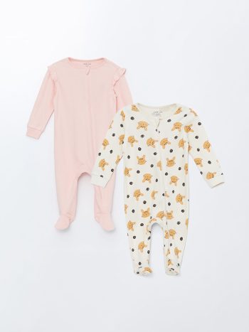 LCW baby Ecru Printed Long Sleeve Baby Girl Jumpsuit 2 pcs