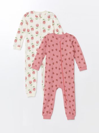 LCW baby Ecru Printed Long Sleeve Baby Girl Jumpsuit 2 pcs