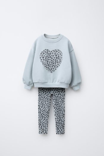 Girl's Cotton Ice Blue Sweatshirt and Leopard Patterned Tights Set - Heart PrintedAdd to favorites
