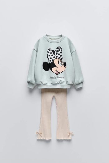 Girls' Cotton Mint Sweatshirt and Ecru Wicked Trousers Set - Ribbon Detailed