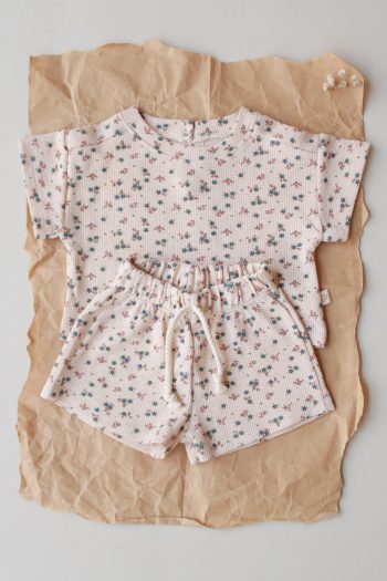 Colorful Floral Printed Waffle Shorts Set