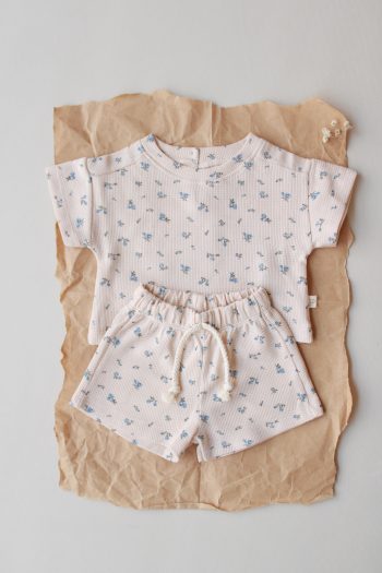 Blue Flower Printed Waffle Shorts Set