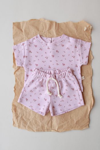 Pink Floral Printed Waffle Shorts Set