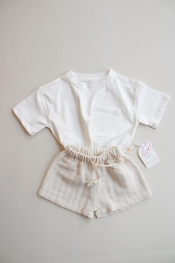 Beige Contrast Stitched Asymmetrical Shorts Set