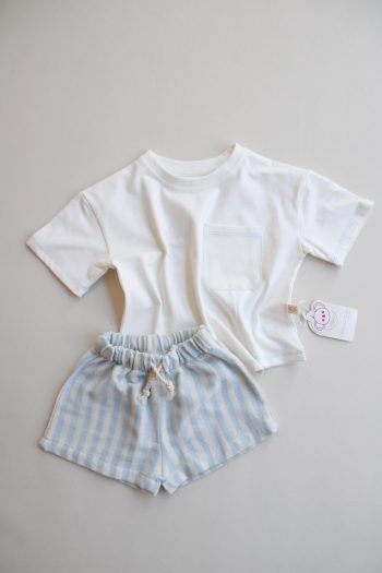 Blue Contrast Stitched Asymmetrical Shorts Set