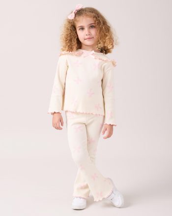 Girl's Cotton Ecru Pink Bow Ribbed Set - Long Sleeve Top and Spanish Leg Bottom
