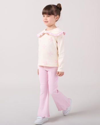 Girl's Cotton Lilac Bow Flywheel Neck Sweatshirt and Spanish Trousers Set