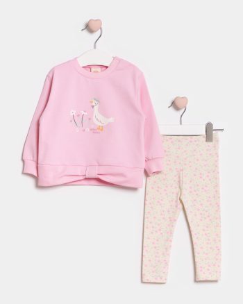 Girl's Cotton Pink Goose Printed Sweatshirt and Floral Patterned Tights Set