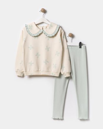 Girls' Cotton Ecru Ribbon Patterned Ruffled Collar Sweat and Mint Tights Set