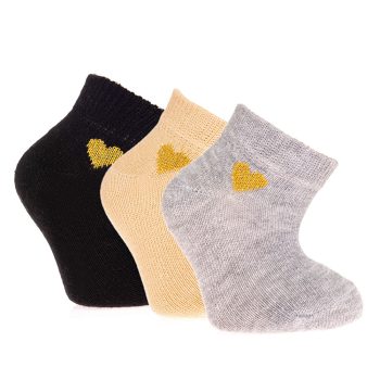 Girls' Black Ankle Socks with Heart Pattern - Set of 3