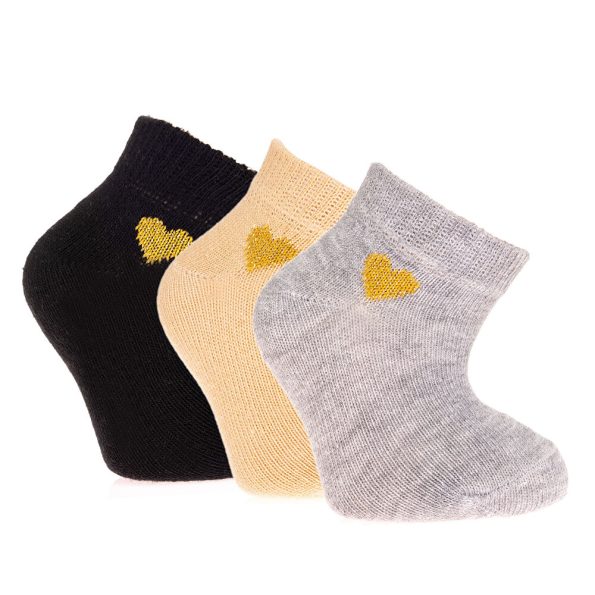 Girls' Black Ankle Socks with Heart Pattern - Set of 3