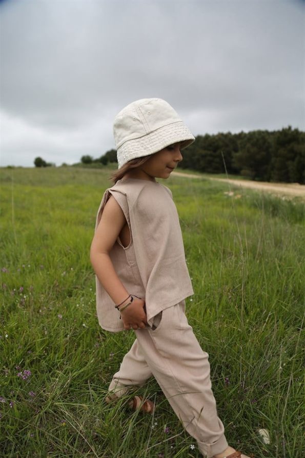 Beige Linen Carrot Pants + Beige Linen Sleeveless Blouse